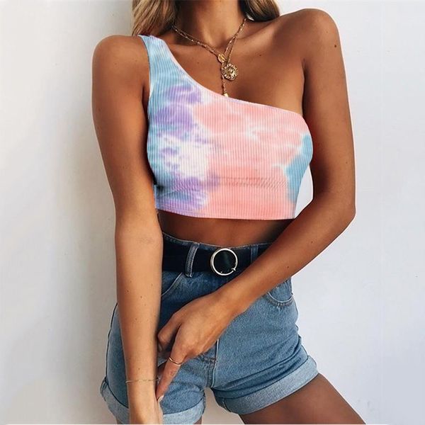 

chic fashion tie dye one shoulder tank summer women casual sleeveles crop knitted vest cami short streetwear, White