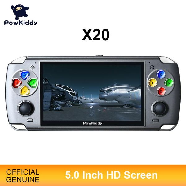 

portable game players powkiddy x20 linux 5.0-inch ips screen rk3128 retro video handheld console built-in 3000 games ps1 children's gif