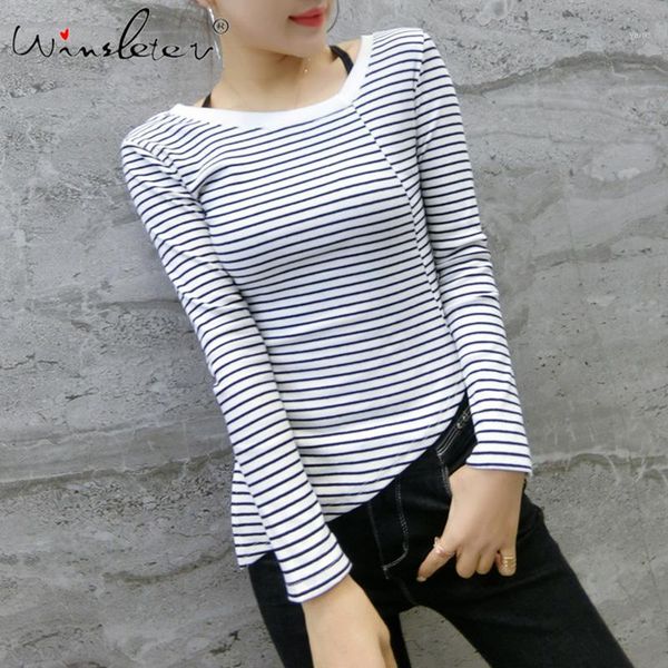 

irregular t shirt women striped patchwork oblique bottom side slit ab wear long sleeve cotton casual t-shirt tee t02422b1, White