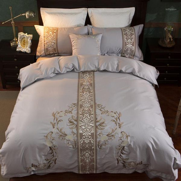 

chinese style embroidery egyptian cotton grey bedding set  king size duvet cover bed sheet set pillowcase j/7pcs1