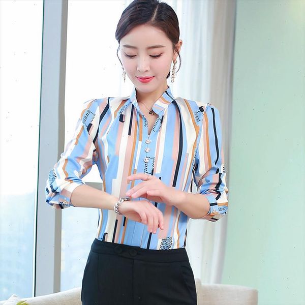 

spring 2021 long sleeve striped chiffon blouse korean casual women streetwear shirts elegant office shirt plus size ladies, White