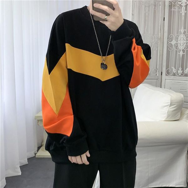 

men's hoodies & sweatshirts 2021 autumn and winter color matching wild pullover fashion casual loose round neck sweatshirt youth tide b, Black