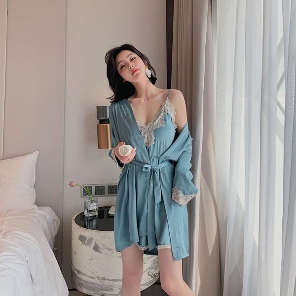 

women's sleepwear blue lace trim kimono robe gown suit lady v-neck side splite nightdress set sweet bow home dress summer satin, Black;red