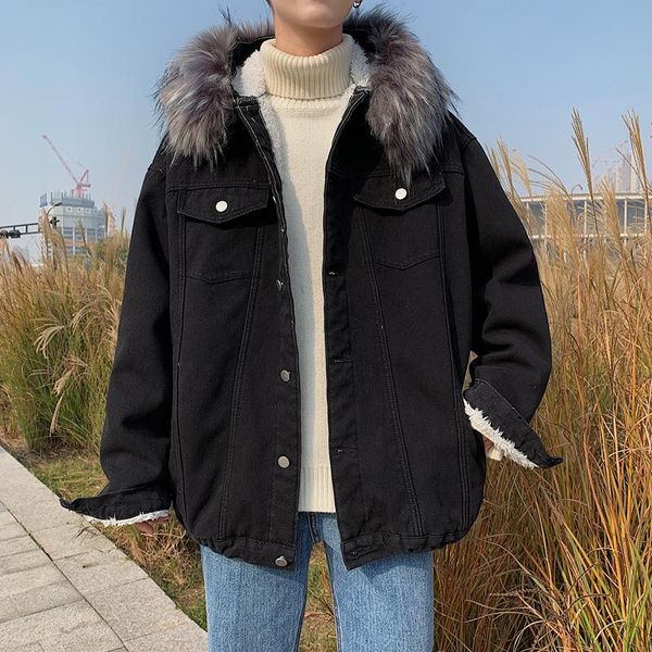 

winter wear thickened cotton-padded coat men's hooded trend mens fleece clothes coat cotton-padded jacket trendy workwear co, Black