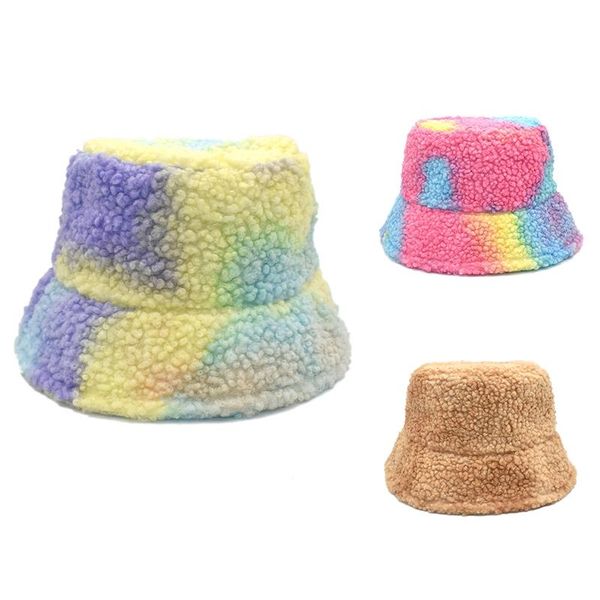 

jhd-fashion tie-dye outdoor multicolor rainbow lamb wool letter pattern bucket hat women winter soft warm hat, Blue;gray
