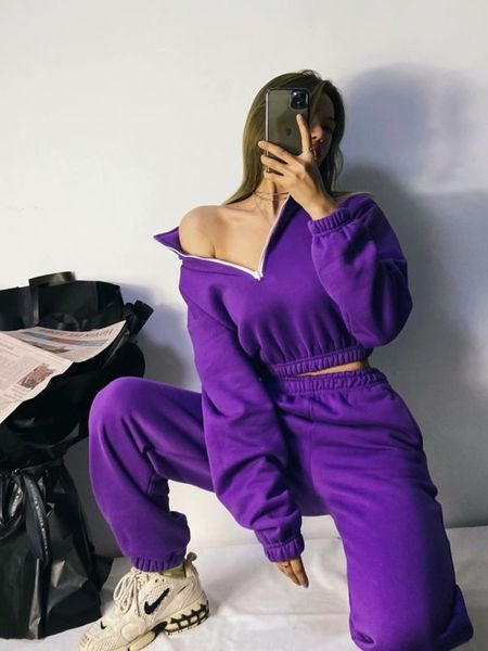 

new women's 2020 versatile casual winter zipper stand collar sweater elastic waist pants plush suit, Gray