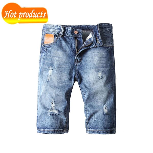 

new fashion 2020 cotton denim men's fashionable hole shorts five stitches torn jeans for man size 28-38 40 736j, Blue