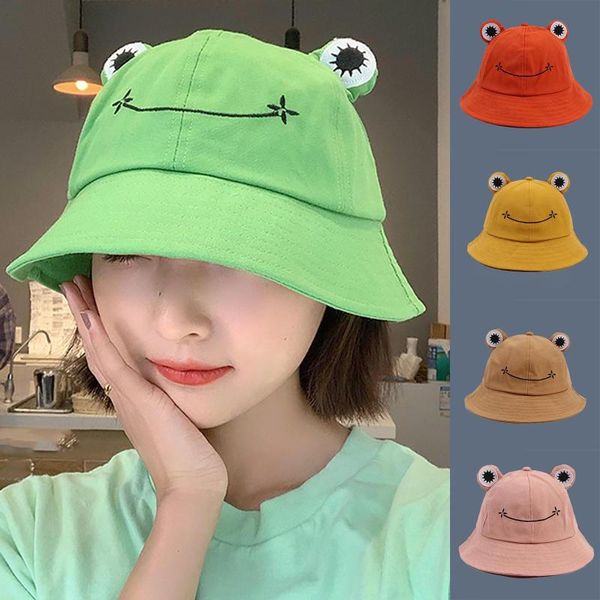 

2020 ladies fisherman hat cotton cartoon frog graffiti bucket hat ladies bob korean wild cute sun big eye basin, Blue;gray