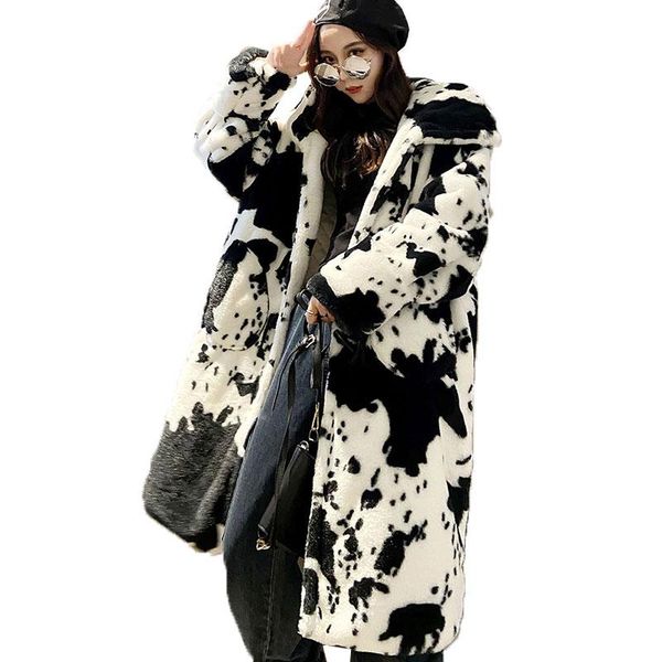 

women's fur & faux 2021 winter parka jacket women thickened cow pattern hooded coat lengthened oversize overcoat veste fourrure homme, Black