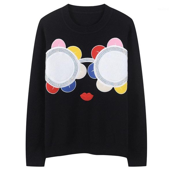 

women sweater slim fit drilling flower knitted pullovers contrast color long sleeve glasses pattern jumper autumn winter1, White;black