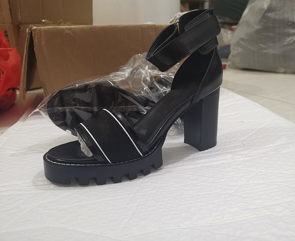 

letter thick heel sandals leather high waterproof platform sandals women's non slip bottom fashion high heel one word sandals, Black