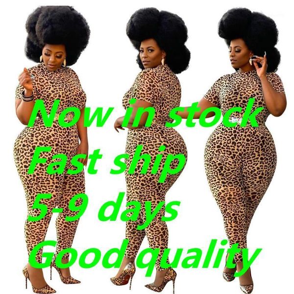 

2020 european and american plus size women's clothing leopard print short sleeve plus size jumpsuit (without belt)1, Black;white