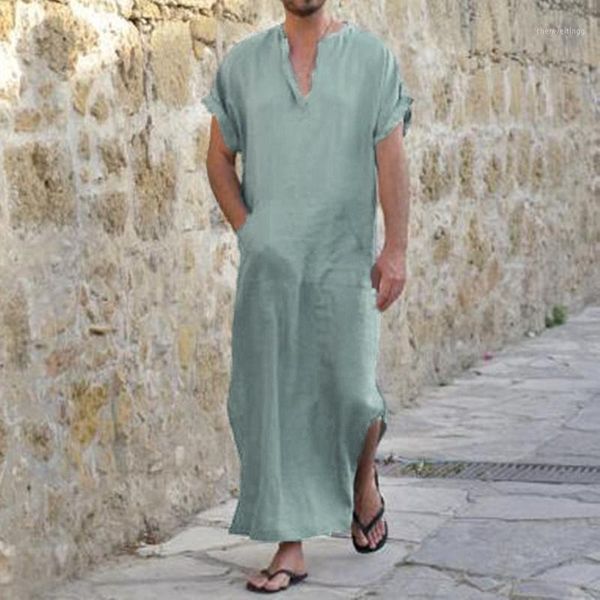 

incerun s-5xl summer men robe dress short sleeve 100%cotton v-neck full length bathrobe natural lounge male gown vacation beach1, Black;brown