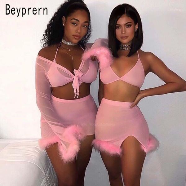 

2020 new beyprern kylie jenner feather tirm mesh skrit set cute mesh crop and high waist matching set festival outfits wholesale1, White