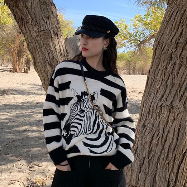 

women's sweaters autumn winter striped knitted sweater women fashion zebra embroidery o-neck long sleeve pullover thick warm female, White;black