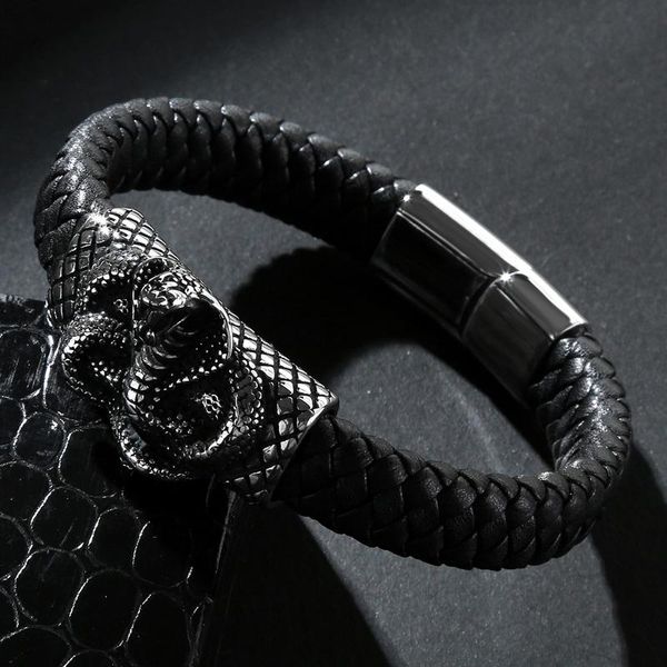 

men 2020 bracelet genuine leather stainless steel snake bangle male grid collocation punk cuffs jewelry sqcskw, Golden;silver