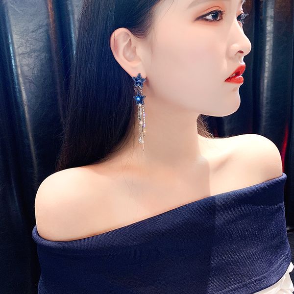 

fashion sterling silver needle european and american exaggerated long fringe earrings fashion elegant pentagram rhinestone eardrops earrings, Golden