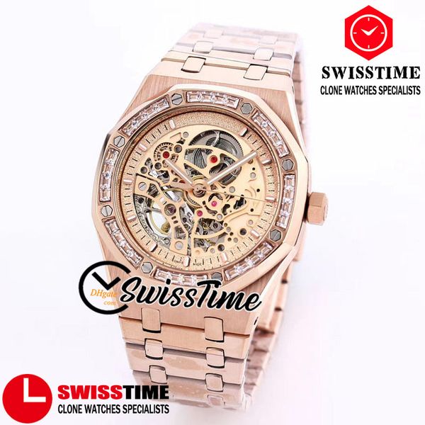 

sale new 41mm 15412 automatic mens watch gold skeleton tourbillon dial all rose gold bracelet diamond bezel sport watches swisstime a10a, Slivery;brown