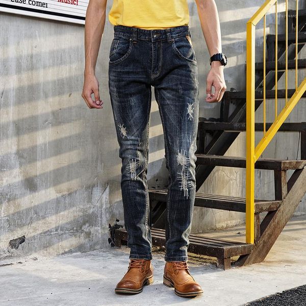 

fashion streetwear men jeans retro black blue slim fit ripped jeans men patchwork vintage designer pants hip hop homme1