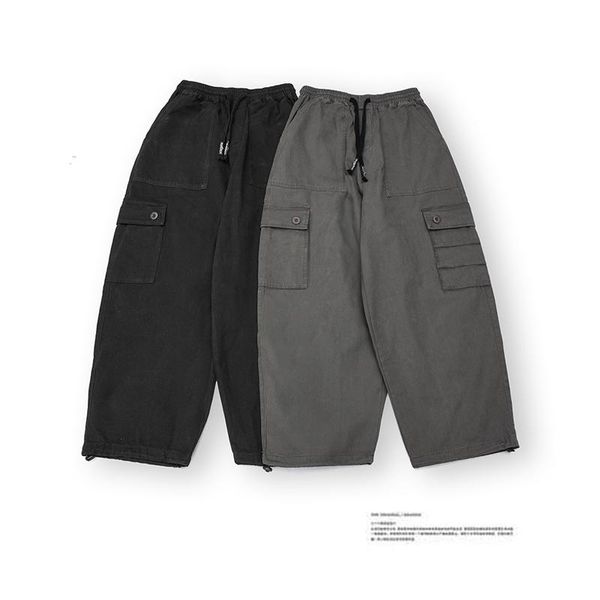 

men's loose retro solid color pocket overalls japanese casual pants long pants trendy, Black