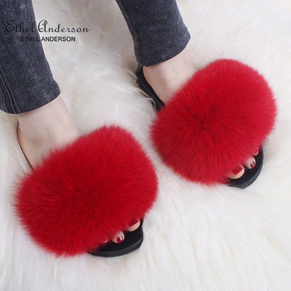 

ethel anderson lady furry slippers real raccoon fur slides summer casual flip flops good quality beach sandals plush shoes t200411, Black