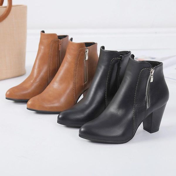 

boots 2021women vintage high heels thick heel short outside ankle booties point toe zipper shoes woman, Black
