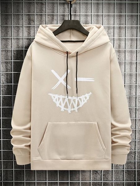 

men cartoon face print drawstring thermal hoodie j3aq#, Black
