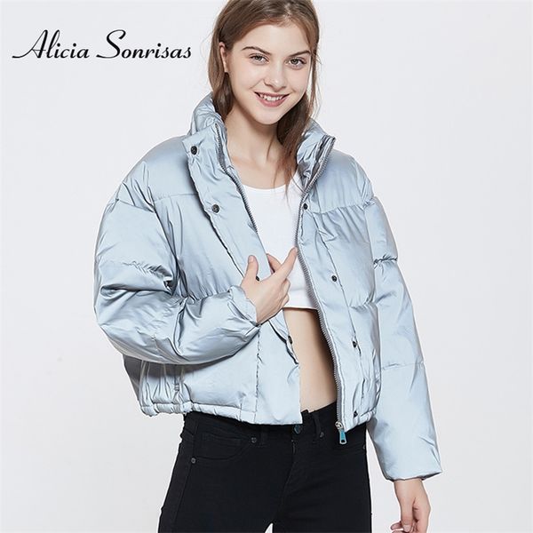 

fluorescent clothing night puffer jacket women reflective winter thick cropped jacket streetwear crop luminous coat 201214, Black