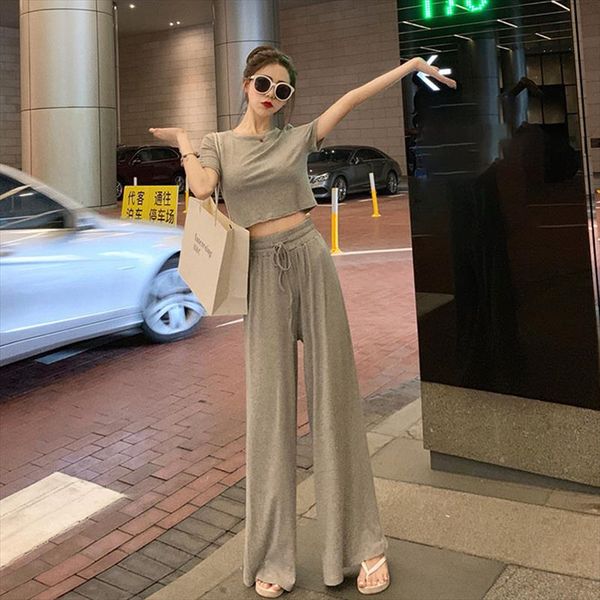 

2 piece sets womens outfits summer 2020 female set stretch slim crop wide leg pants loose casual high waist trousers set, Gray