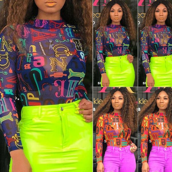 

сексуальные женщины видят сквозь прозрачную прозрачную букву печать высокой шеи с длинным рукавом комбинезон комбинезон боди stret, Black;white