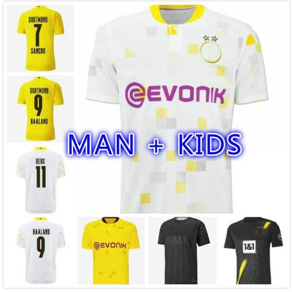 

man + kids 20 21 dortmund reus balr kit soccer jerseys 100th borussia 2020 2021 blackout sancho brandt haaland fourth football kit shirt, Black;yellow