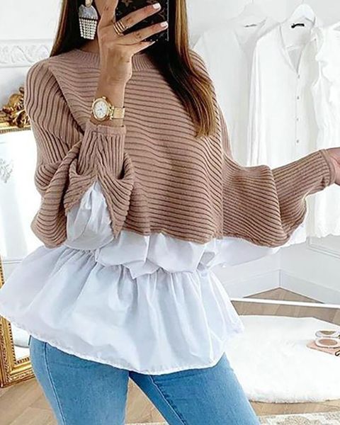 

womens patchwork sweaters long sleeve shirts autumn knitted fake two pieces sweater woman pullover fall winter clothes1, White