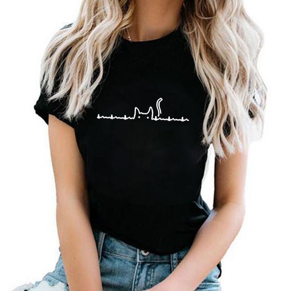 

cartoon heartbeat cute cat t shirt women short sleeve camiseta mujer o-neck cotton tshirt women black white tee shirt femme