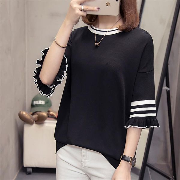 

large size womens 2020 spring and autumn short sleeve knitting sweater temperament ladies half butterfly sleeve pullover, White;black