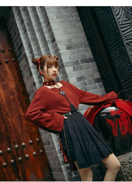 

japanese traditional kimono fashion style suits for girls red black pleated skirt black harajuku retro lolita shoes