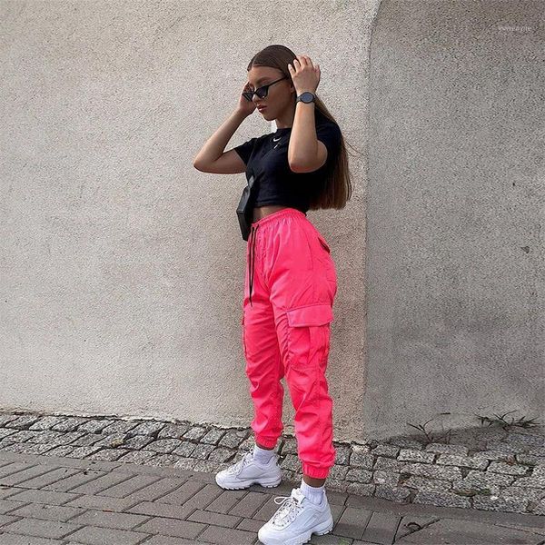

women pocket high waist neon long pants streetwear trouser 2020 summerfemale casual party club clothes1, Black;white