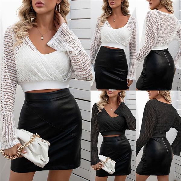 

women wrap crop autumn spring sheer mesh lace loose shirts casual flare long sleeve v neck t shirt clothing for women1, White