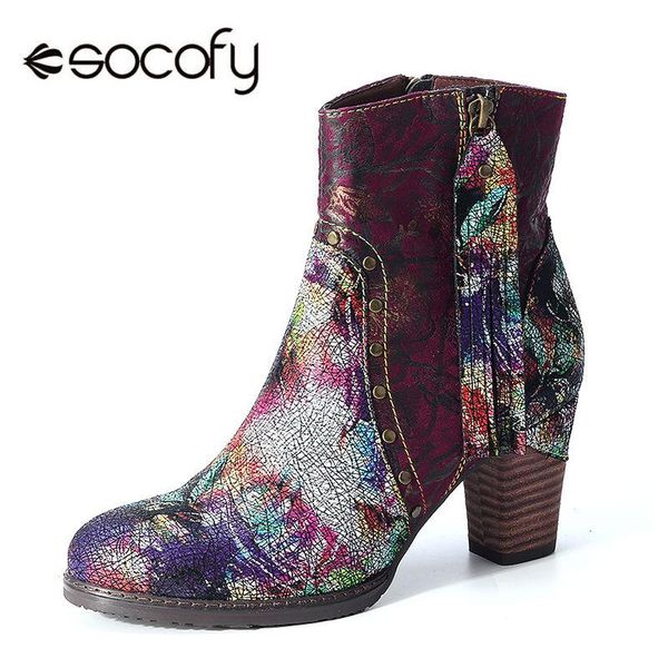 

boots socofy printed genuine leather women ankle tasseled high heel zip round toe winter shoes block heels, Black