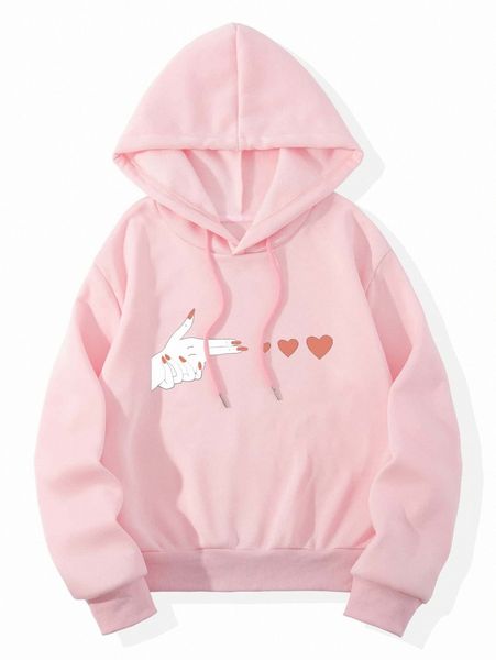 

figure & heart print drawstring thermal lined hoodie s2ha#, White;black