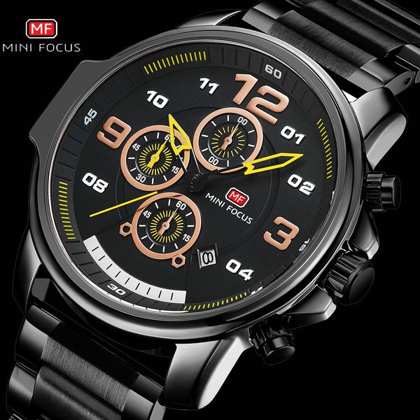

minifocus military sport watch men quartz clock chronograph stainless steel strap waterproof dress mens watches brand luxury, Slivery;brown