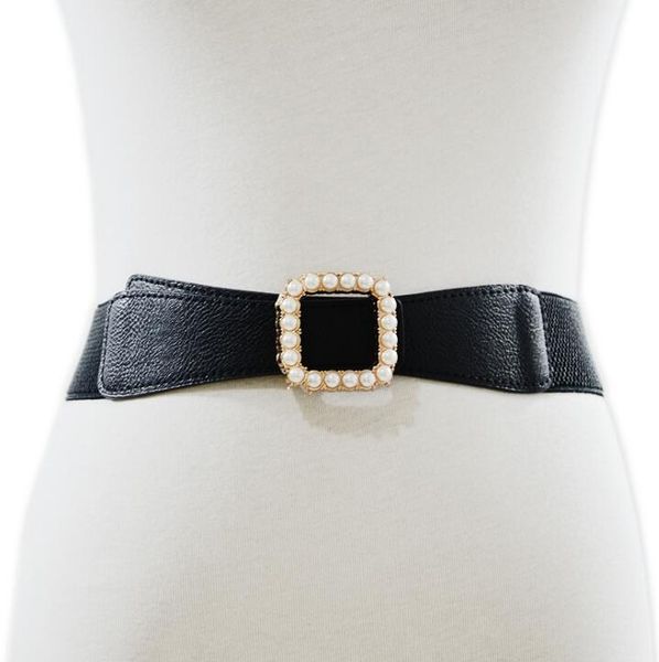 

women's runway fashion pearl buckle elastic cummerbunds female dress corsets waistband belts decoration wide belt r2394, Black;brown