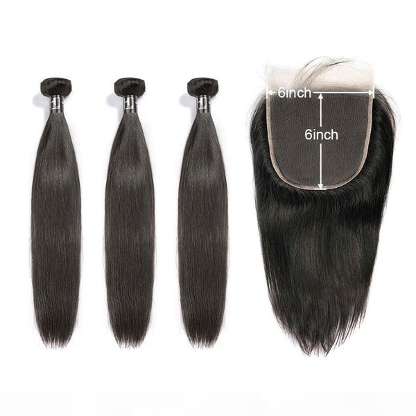 

7a virgin hair human hair bundles with closure brazilian hair weave bundles straight 6x6 hd lace closure, Black