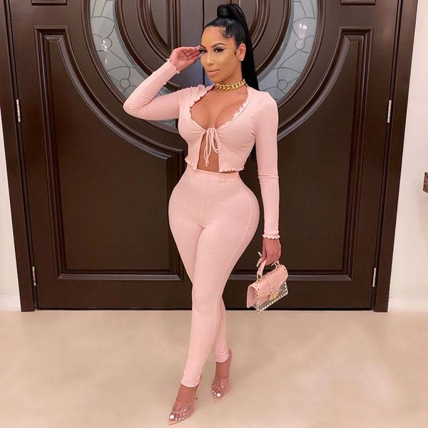 

women's tracksuits 2 piece sets womens outfits fall clothes 2021 pink green rib knit long sleeve crop cardigan and pants, Gray