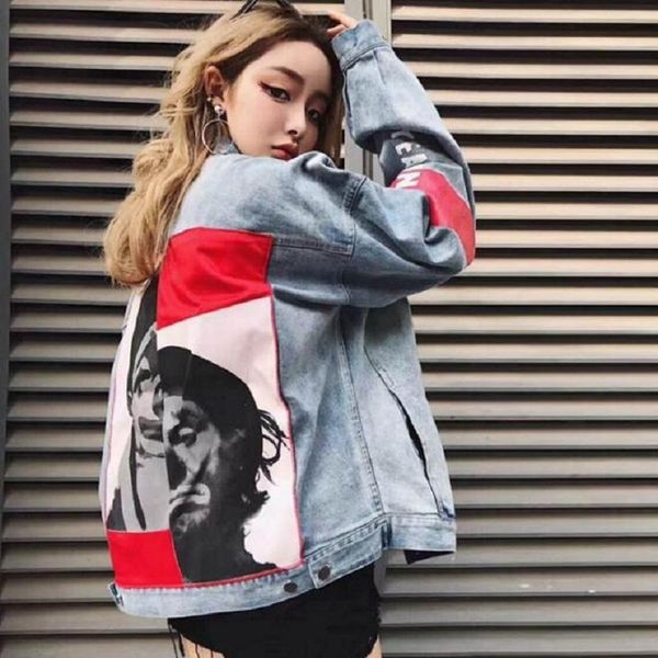 

women's jackets 2021 spring fashion letters printed clown cool denim jacket coat women vintage jeans loose plus size 2xl, Black;brown