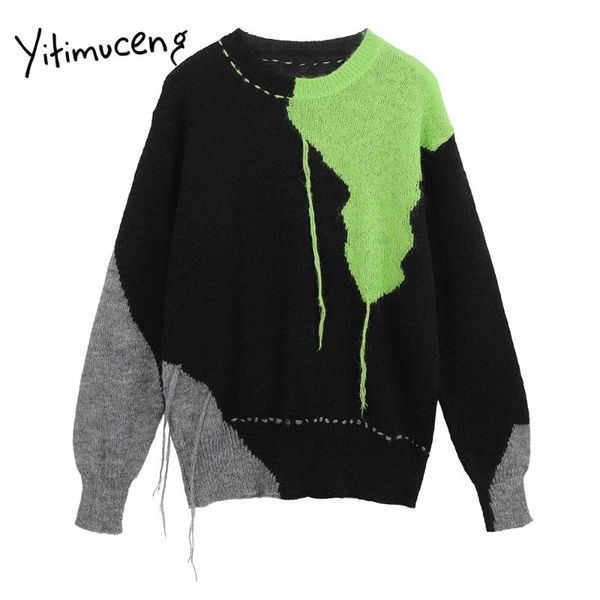 

women's sweaters yitimuceng patchwork oversized sweater women winter clothes korean fall long sleeve knit pullovers casual green blue, White;black