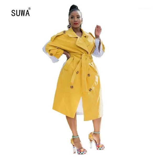 

women's trench coats yellow color turn-down collar long sleeve double-breasted pocket loose classic street women's clothing with s, Tan;black