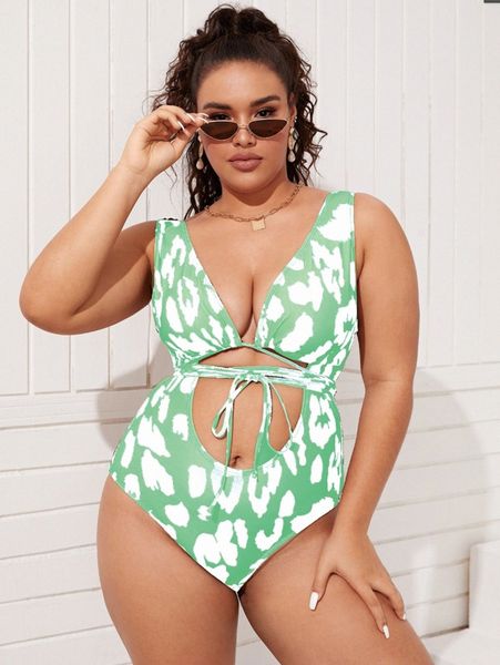 

plus allover print cut out one piece swimsuit n7g0#, Black