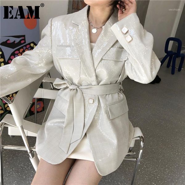 

eam] women beige sequins big size blazer new lapel long sleeve loose fit jacket fashion tide spring autumn 2020 1da5011, White;black