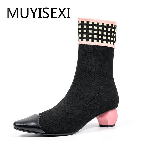 

boots elastic ankle natural leather pointed toe pink high heel european knitting stretch women shoes ths02 muyisexi, Black
