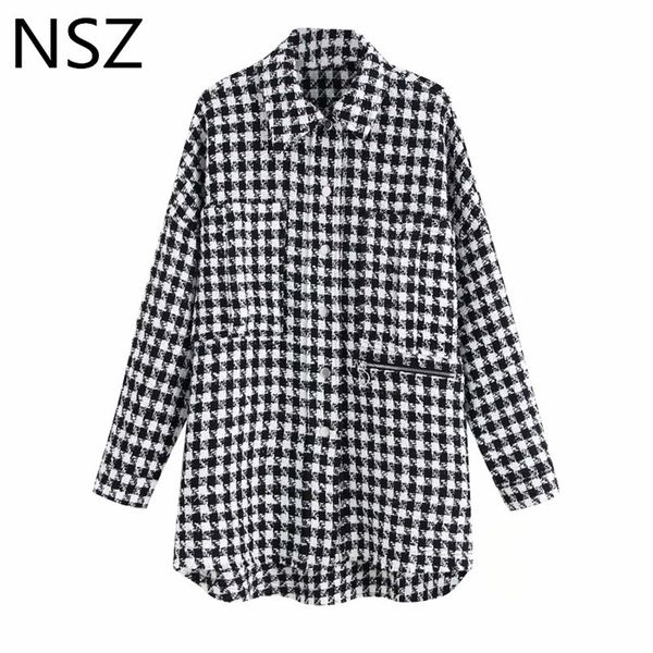 

nsz women black white houndstooth oversized tweed jacket plaid coat long sleeve loose checked outerwear spring autumn 201026, Black;brown